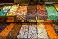Delicious tasty turkish delight sweets and dried fruits at Grand bazaar, Istanbul, Turkey Royalty Free Stock Photo