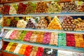 Delicious tasty turkish delight sweets and dried fruits at Grand bazaar, Istanbul, Turkey Royalty Free Stock Photo