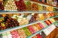 Delicious tasty turkish delight sweets and dried fruits at Grand bazaar, Istanbul, Turkey Royalty Free Stock Photo