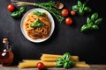 Delicious and tempting pasta on dark template background Royalty Free Stock Photo