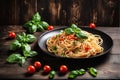 Delicious and tempting pasta on dark template background Royalty Free Stock Photo