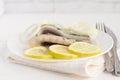 Delicious tender herring fillet with lemon and onion on white plate on white background
