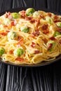 Delicious tender Italian spaghetti with brussels sprouts, ham with creamy cheese sauce close-up on a plate on the table