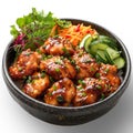 Teriyaki chicken bowl with vegetables isolated on white. Generative AI Illustration.