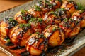 Delicious Teriyaki Glazed Grilled Shrimp Skewers with Sesame Seeds and Green Onions on Rustic Ceramic Plate