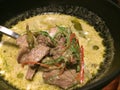 Delicious thai beef green curry in Thai restaurant, lade with spoon to highlight, focus-on-foreground, closed-up shot