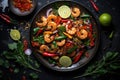 Delicious Thai food on black plate. Stir fry top view