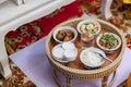 Delicious thai food set served on bamboo plate. lunch and or dinner set of culture thai food. present for traveler and tourist