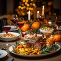 Delicious Thanksgiving dinner on the dining room table