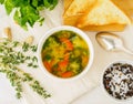 Delicious thick Soup with mixed vegetables - cauliflower, broccoli, carrots, potatoes, garlic, tomatoes. Healthy diet food. Top Royalty Free Stock Photo