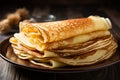 Delicious thin pancakes presented in a close up on wooden backdrop Royalty Free Stock Photo