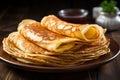 Delicious thin pancakes presented in a close up on wooden backdrop Royalty Free Stock Photo