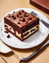 delicious three layer cake on wooden table