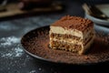 Delicious tiramisu on a dark table dusted with cocoa powder