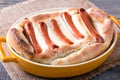 Delicious toad in the hole into a baking dish close up on the table Royalty Free Stock Photo