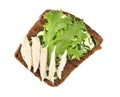Delicious toast with chicken and lettuce on white background