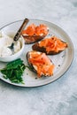 Delicious toast with salmon and cheese cream on a white plate whit spinach