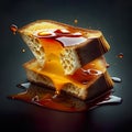 Delicious toasts with cheese with oozing honey on dark background