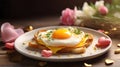 Delicious toasts with fried egg on wooden table, closeup