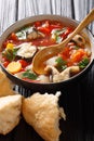 Delicious tomato fish soup with eel and vegetables close-up in a bowl served with bread. vertical Royalty Free Stock Photo