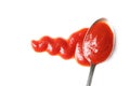 Delicious tomato sauce and spoon on white background