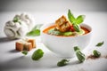 Delicious tomato soup with basil pesto and croutons served on a white table.