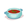 Delicious tomato soup in blue saucepan. Icon of tasty dish. Healthy nutrition. Flat vector design for recipe book or Royalty Free Stock Photo