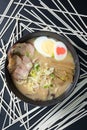 Delicious tonkotsu ramen, Japanese noodle in pork Bone based soup topped with chashu pork, boiled egg, pickled bamboo shoot