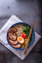 Delicious tonkotsu ramen, pork bone broth noodles, copy space