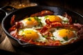 Delicious top view of a perfectly fried egg with crispy bacon, sizzling enticingly in a hot pan