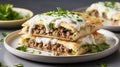 Delicious tourtiere traditional french canadian meat pie on blurred white kitchen background