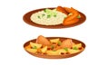 Delicious traditional Asian cuisine dishes set. Rice, fried chicken wings, potato and drumsticks vector illustration