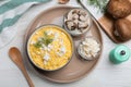 Delicious traditional banosh served on white wooden table, flat lay