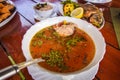 Delicious traditional fish soup served on a table