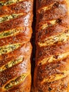 Delicious traditional homemade stuffed pastry bread baked with seeds on top for a healthy carbohydrate breakfast or snack