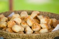 Delicious traditional hungarian baked snack with cheese in basket, outdoor