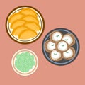 Delicious traditional Indonesia food cakes pastel serabi klepon vector design illustration