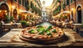 Delicious Traditional Italian Pizza on Rustic Table, Outdoor Trattoria Background