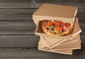 Delicious traditional Italian pizzas in boxes