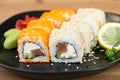 delicious traditional Japanese sushi and rolls on a plate Royalty Free Stock Photo