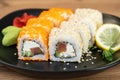 delicious traditional Japanese sushi and rolls on a plate Royalty Free Stock Photo