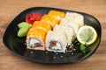 delicious traditional Japanese sushi and rolls on a plate Royalty Free Stock Photo