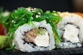 delicious traditional Japanese sushi and rolls on a plate Royalty Free Stock Photo