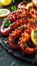 Delicious traditional mediterranean grilled octopus served elegantly on a stylish black plate