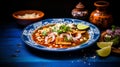 Delicious traditional mexican pozole soup served on blue plate on vintage wooden table Royalty Free Stock Photo