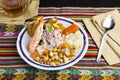 Delicious traditional Peruvian ceviche plated with beer. Royalty Free Stock Photo