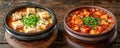 Delicious Traditional Spicy Tofu Stew in Clay Bowls on Rustic Wooden Table, Korean Cuisine, Mapo Tofu and Kimchi Jjigae, Royalty Free Stock Photo