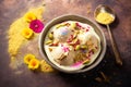 Delicious traditional sweet item called Malai Ghevar or Ghewar, an Indian Rajasthani special authentic dessert made and eaten