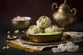 Delicious traditional sweet item called Malai Ghevar or Ghewar, an Indian Rajasthani special authentic dessert made and eaten