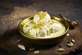 Delicious traditional sweet item called Malai Ghevar or Ghewar, an Indian Rajasthani special authentic dessert made and eaten